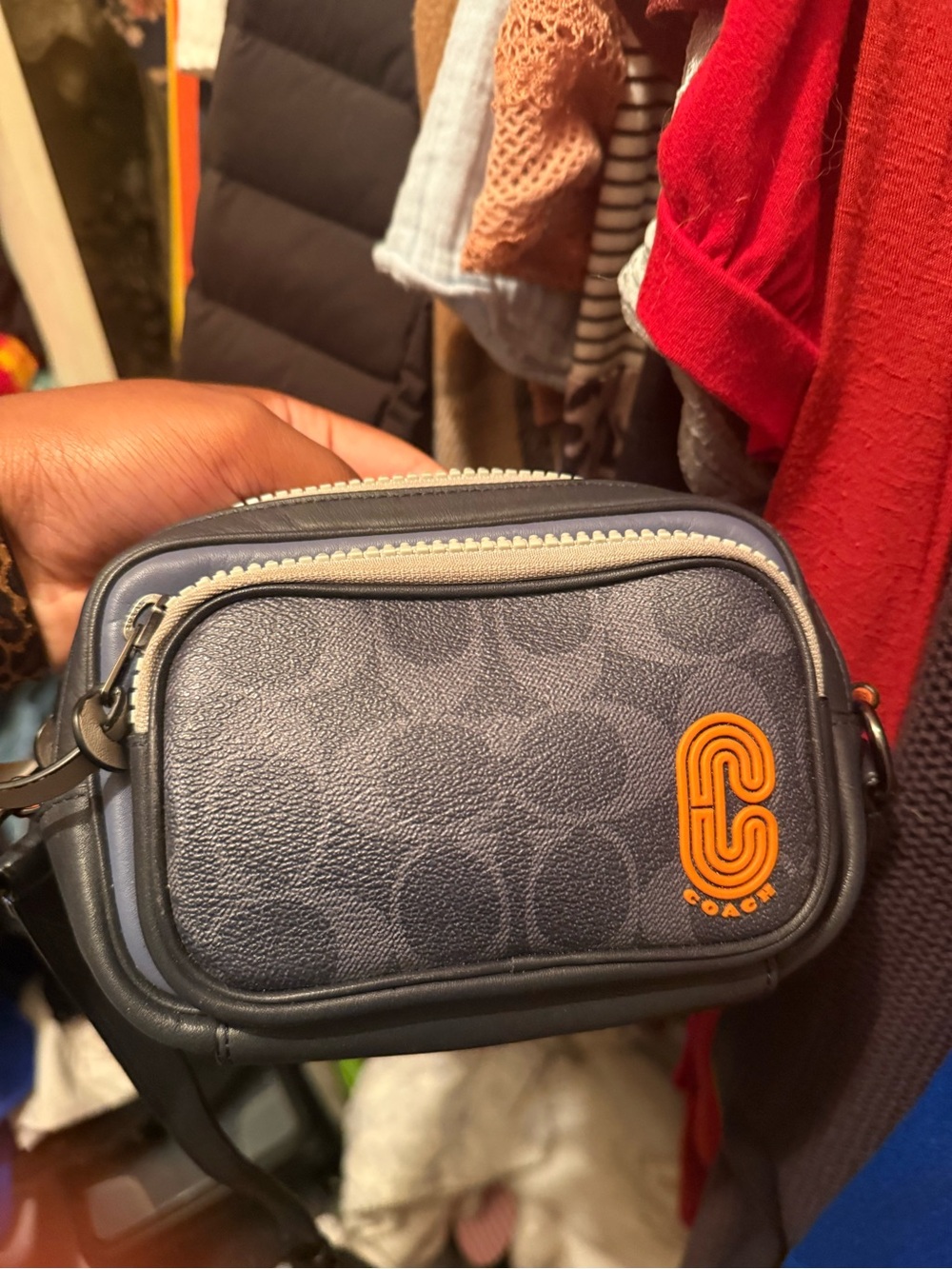 Coach Men's Navy Signature Canvas Belt Bag with Orange Logo Patch